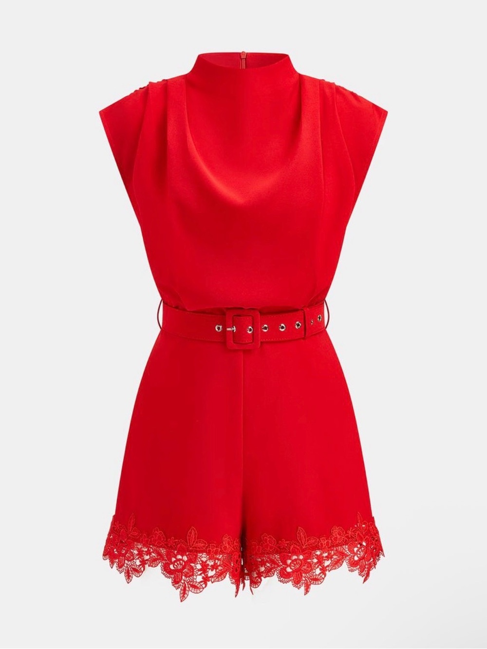 Commense Red Sleeveless Lace-Hem Belted Romper - Picture 2 of 6